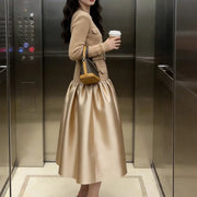 Contrast-Skirt Long-Sleeve Dress