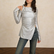 Cutout-Shoulder Asymmetric Long-Sleeve Top