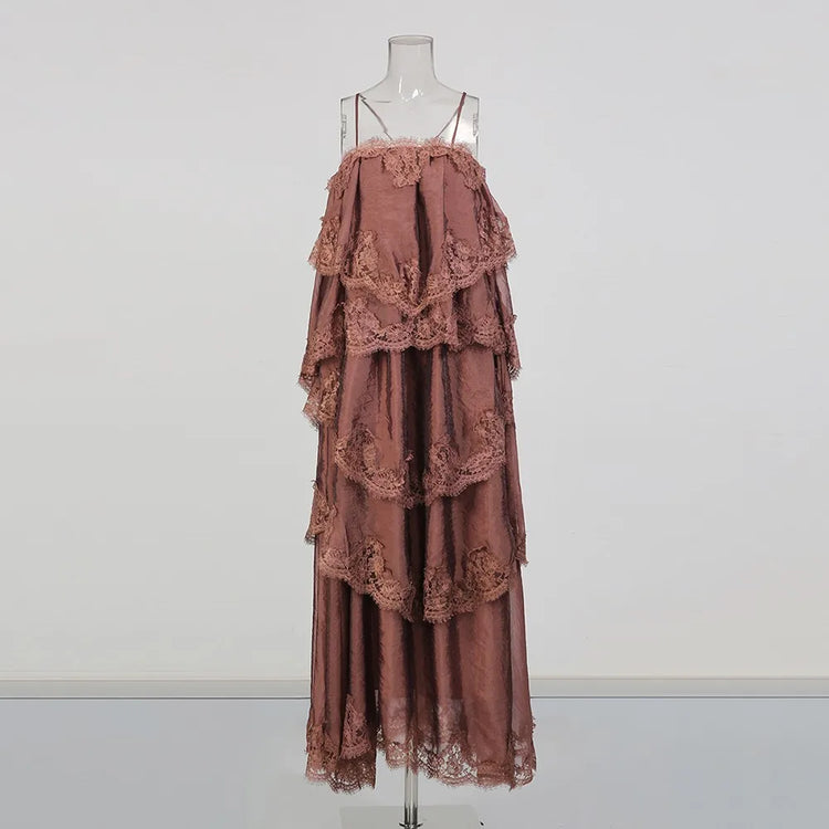Tiered Lace-Trim Long Dress