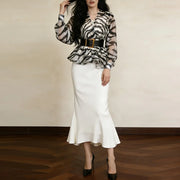 TWOTWINSTYLE Leopard Sheer Two Piece Sets for Women V Neck Long Sleeves Spliced Belt Top Sleeveless Slimming Dress Set Female