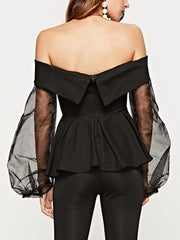 Off-Shoulder Balloon-Sleeve Peplum Blouse