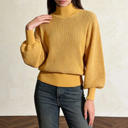 Ribbed High-Neck Balloon-Sleeve Sweater