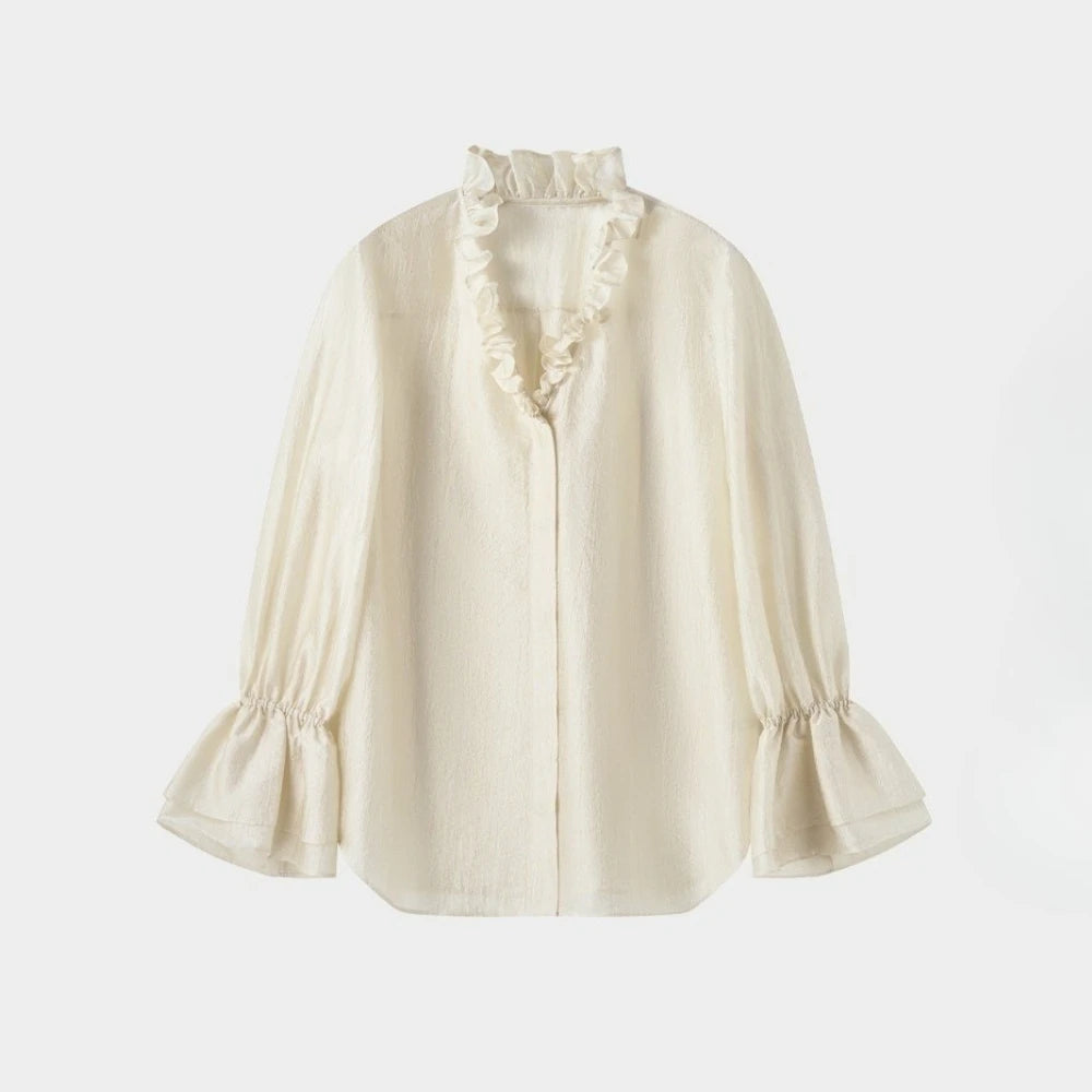 Ruffled-Neck Bell-Sleeve Blouse