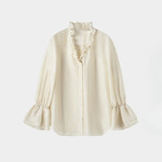 Ruffled-Neck Bell-Sleeve Blouse