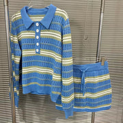 Striped Collared Button-Neck Top