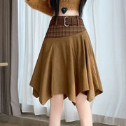 Contrast-Waist Asymmetric Pleated Skirt