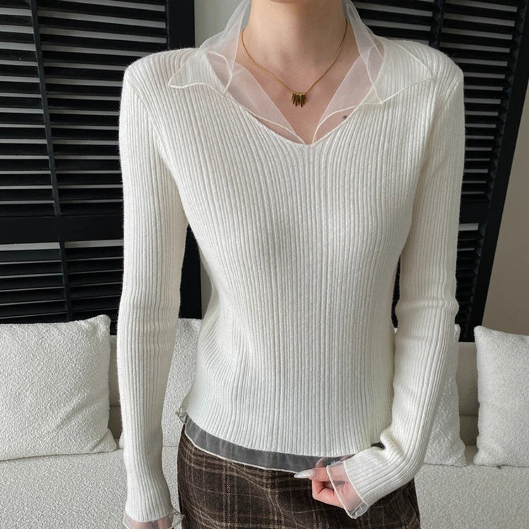 Ribbed Sheer-Collar Top
