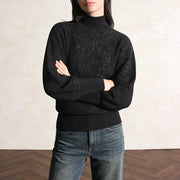 Ribbed High-Neck Balloon-Sleeve Sweater