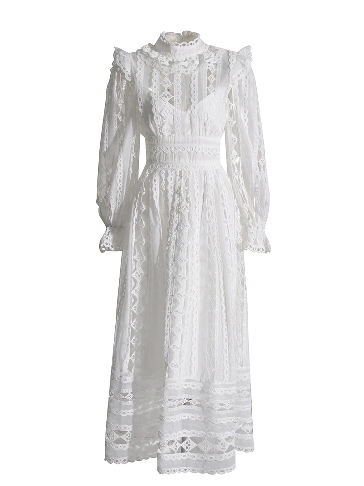 High-Neck Long-Sleeve Lace Dress