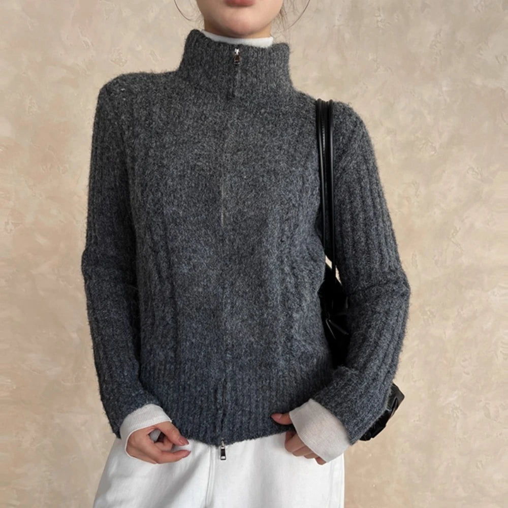 Openwork Zip-Up Stand-Collar Cardigan