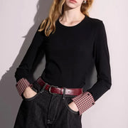 Checked-Cuff Long-Sleeve Top