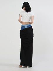Contrast-Waist Ruched Long Skirt