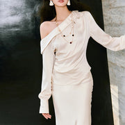 TWOTWINSTYLE Solid Spliced Folds Two Piece Set Female Skew Collar Long Sleeve Shirt Elegant Luxury Women's Skirt Set Fashion New