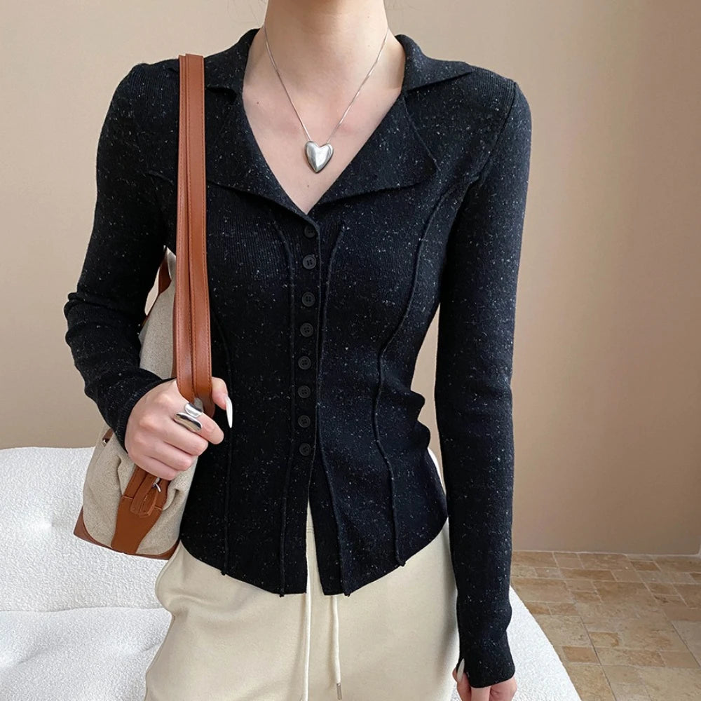 Contrast-Seam Collared Fitted Top