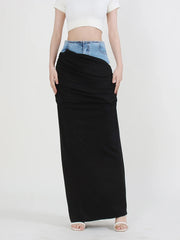 Contrast-Waist Ruched Long Skirt