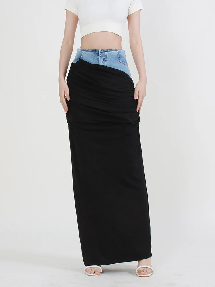 Contrast-Waist Ruched Long Skirt