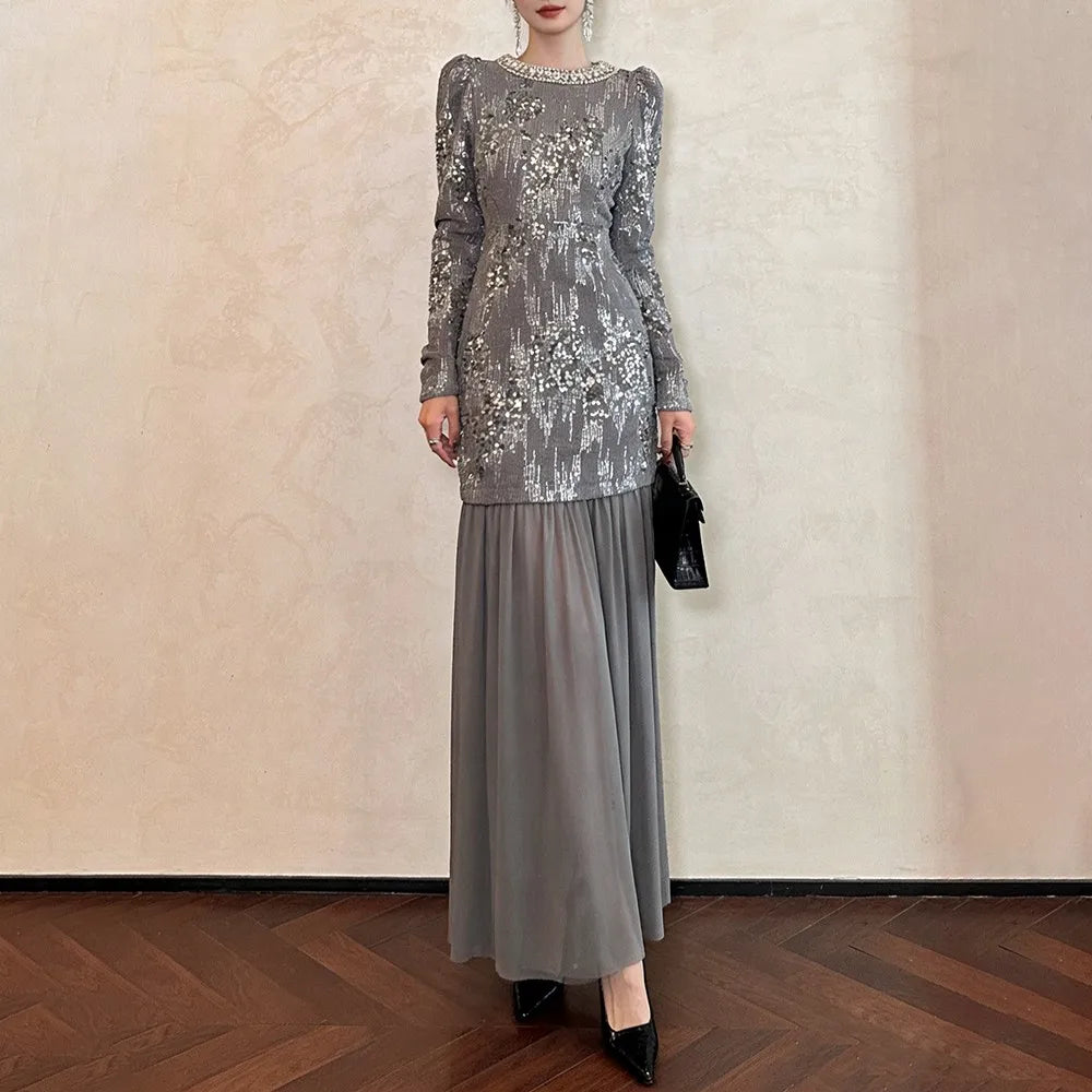 Sequin-Panel Long-Sleeve Dress
