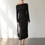 Asymmetric-Neck Long-Sleeve Midi Dress