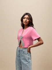 Embellished-Bow Cropped Tee
