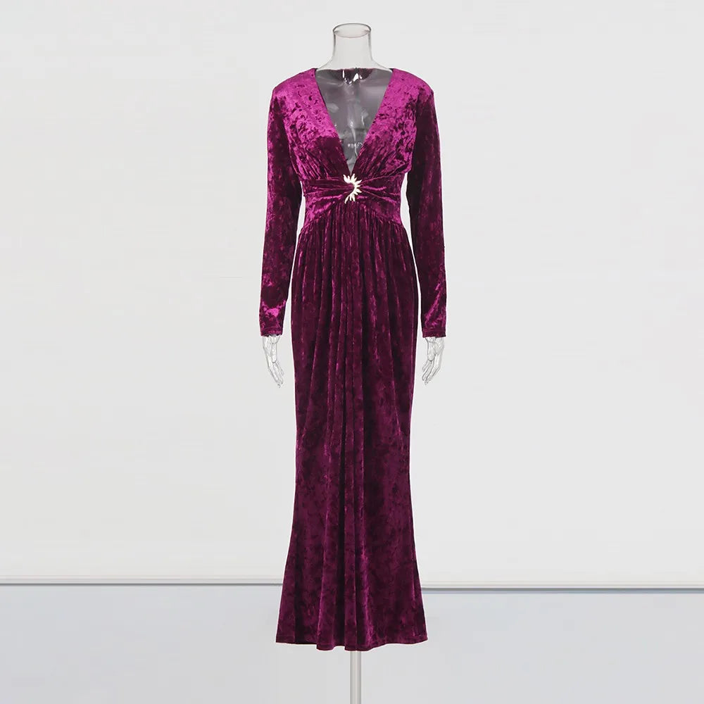 Embellished-Waist V-Neck Long Dress