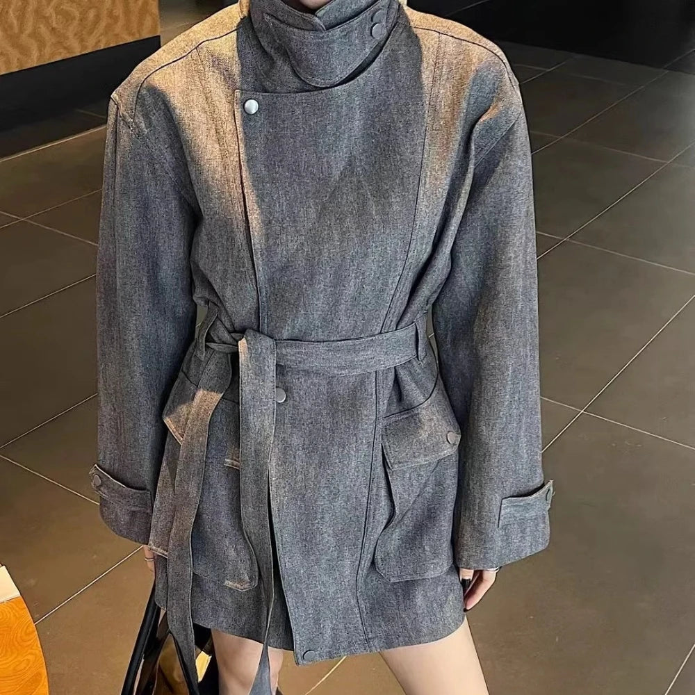 Stand-Collar Tie-Waist Jacket
