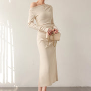 Asymmetric-Neck Long-Sleeve Midi Dress