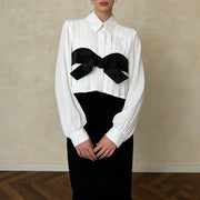 Contrast-Bow Pleated Shirt