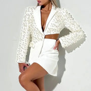 TWOTWINSTYLE White Spliced Pearls Two Piece Set Female Lapel Long Sleeve Jacket Light Luxury Women's Skirt Set Fashion Style