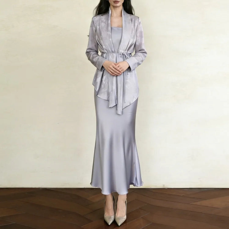 TWOTWINSTYLE Casual Two Piece Sets for Women Lapel Long Sleeves Spliced Lace Up Coat Square Neck Sleeveless Dress Set Female New