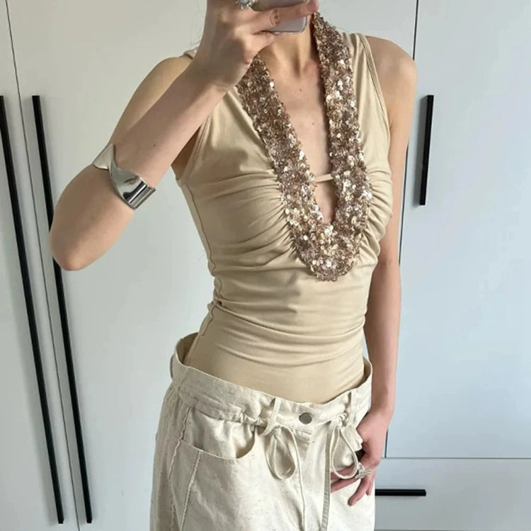 Embellished V-Neck Ruched Top