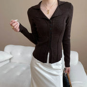 Contrast-Seam Collared Fitted Top