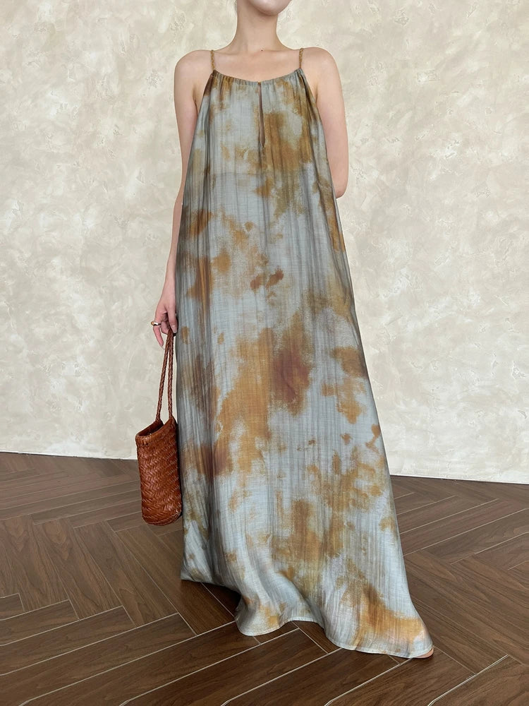 Abstract-Print Sleeveless Long Dress