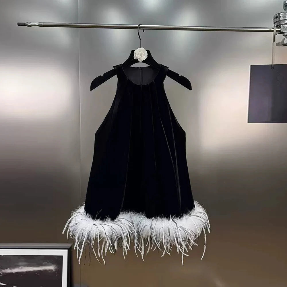 Fluffy-Hem Halter Mini Dress