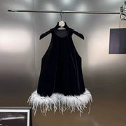 Fluffy-Hem Halter Mini Dress