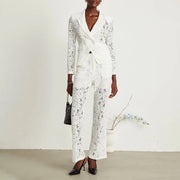 TWOTWINSTYLE Solid Spliced Lace Two Piece Set Female V Neck Long Sleeve Jacket Commute Luxury Women's Trousers Set Autumn New