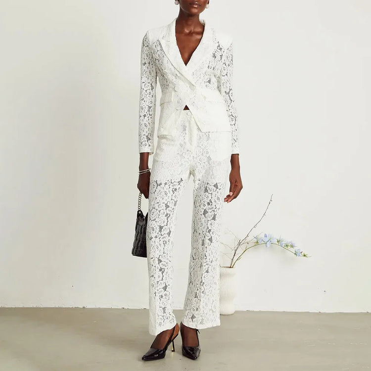 TWOTWINSTYLE Solid Spliced Lace Two Piece Set Female V Neck Long Sleeve Jacket Commute Luxury Women's Trousers Set Autumn New