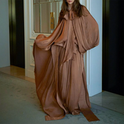 Draped Balloon-Sleeve Long Dress