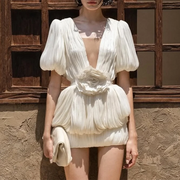 Rosette Puff-Sleeve Mini Dress