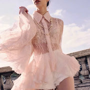 Sheer Lace Ruffle-Hem Shirt Dress