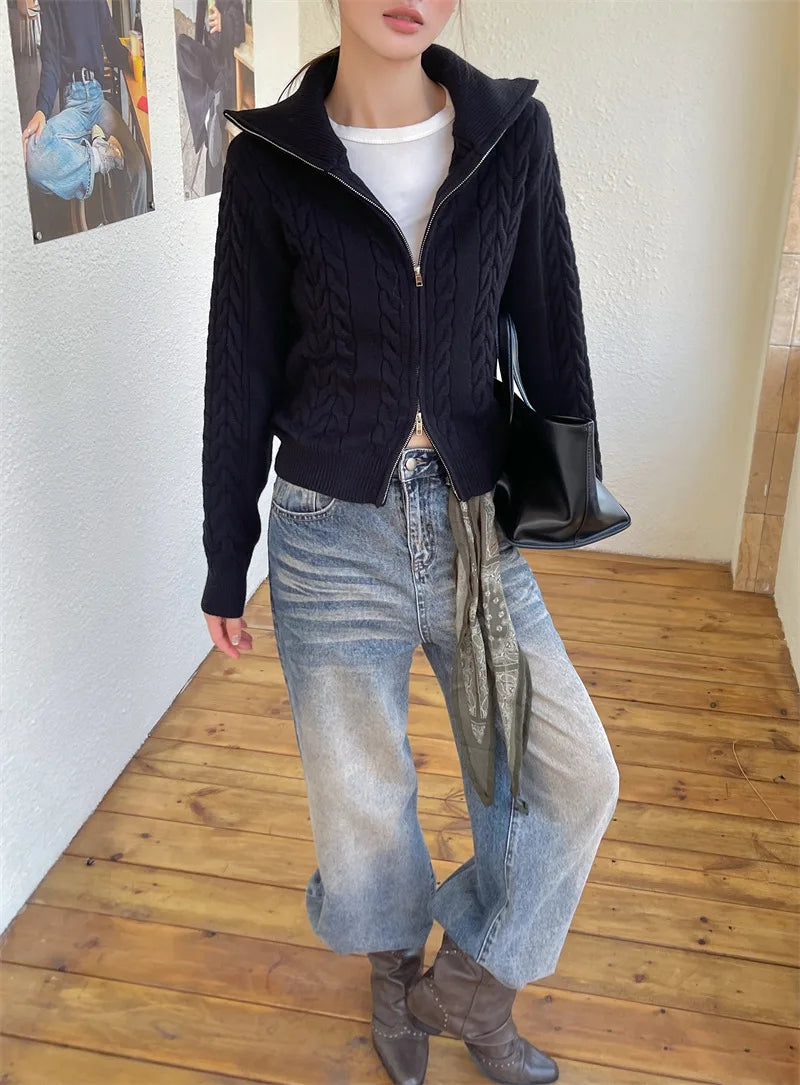 Cable-Textured Zip-Up Cardigan