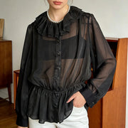 Sheer Ruffle-Collar Peplum Blouse