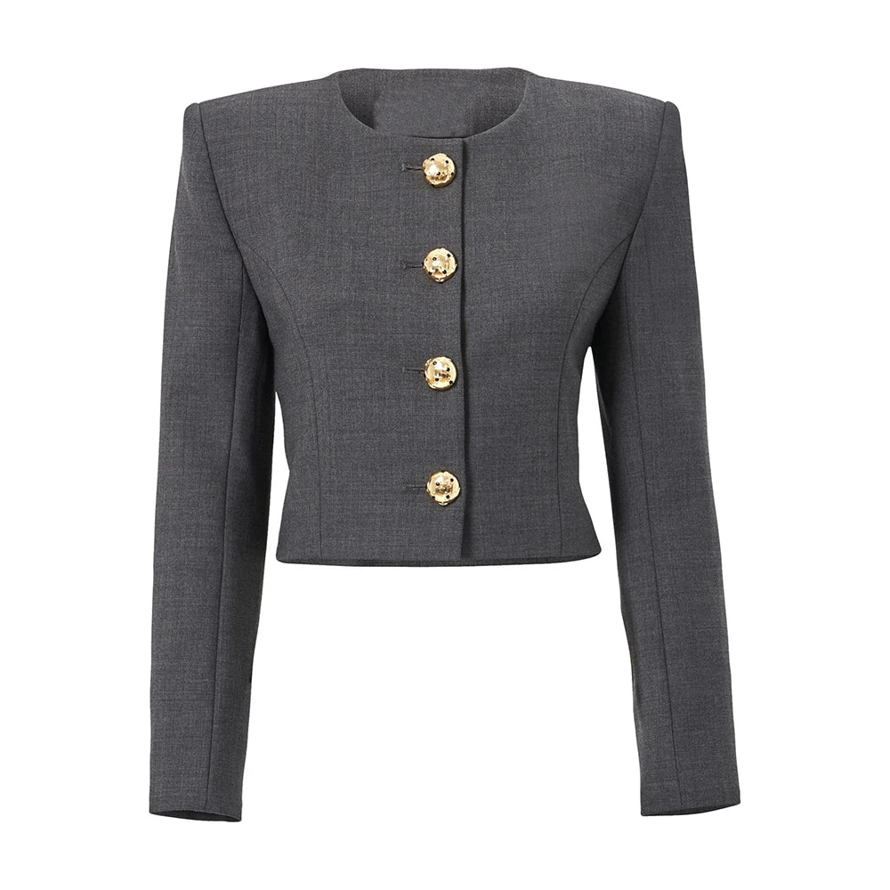 Round-Neck Cropped Button-Front Jacket