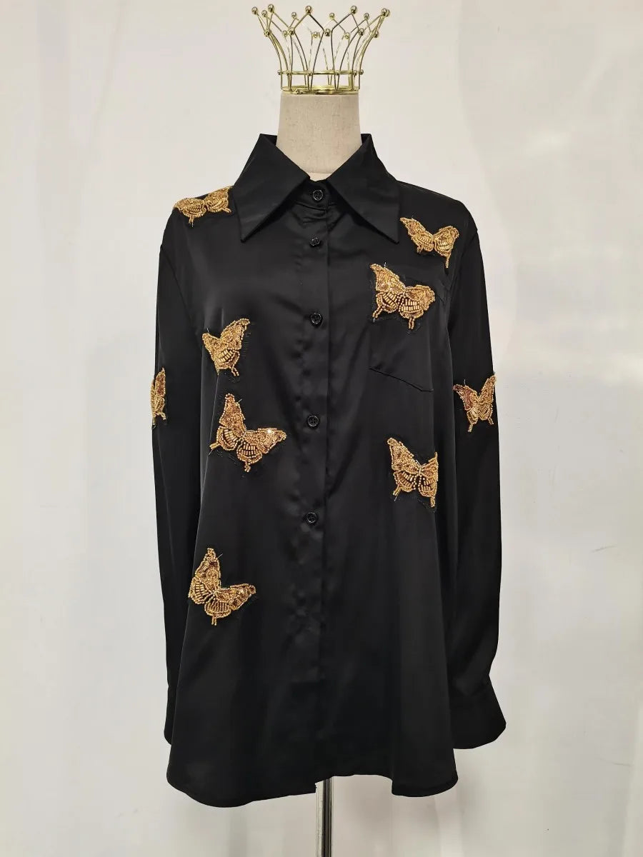 Butterfly-Motif Collared Shirt