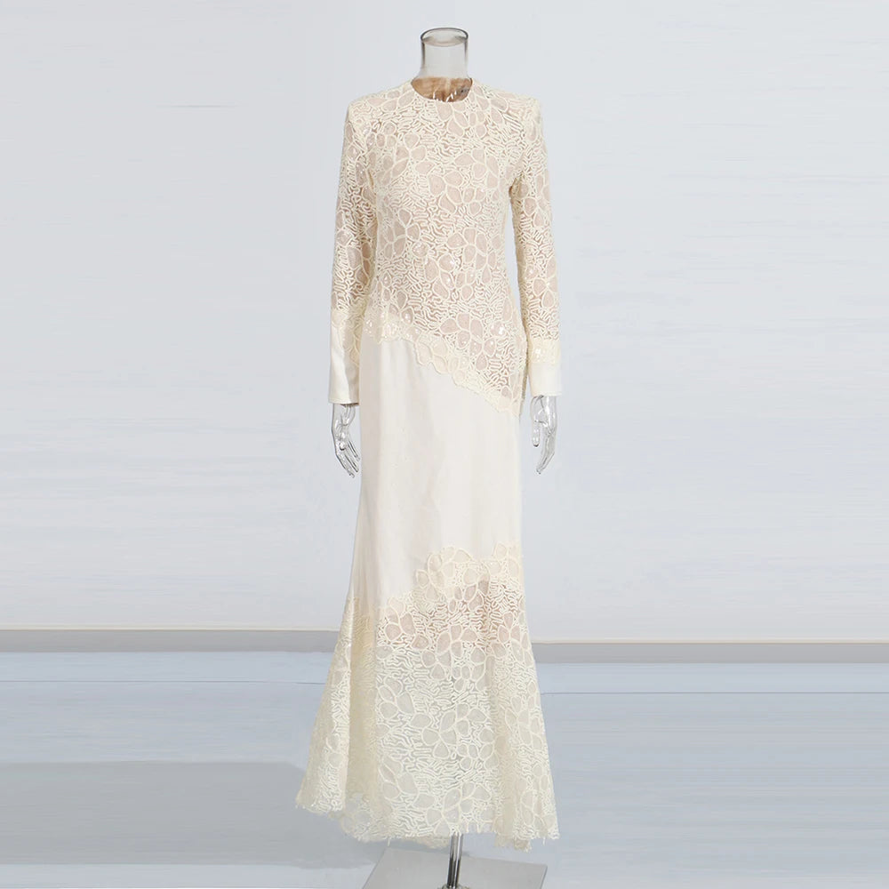 Floral-Lace Long-Sleeve Long Dress