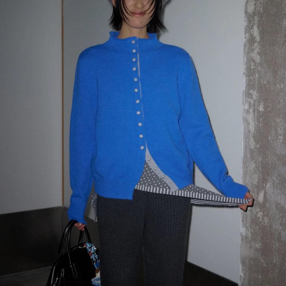 Contrast-Trim Button Cardigan