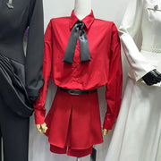 TWOTWINSTYLE Fashion Slimming Spliced Bow Tie Dresses for Women Lapel Long Sleeves High Waist Patchwork Belt Dress Female New