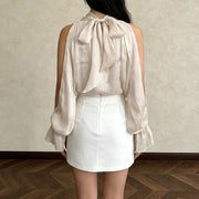 Cold-Shoulder High-Neck Blouse
