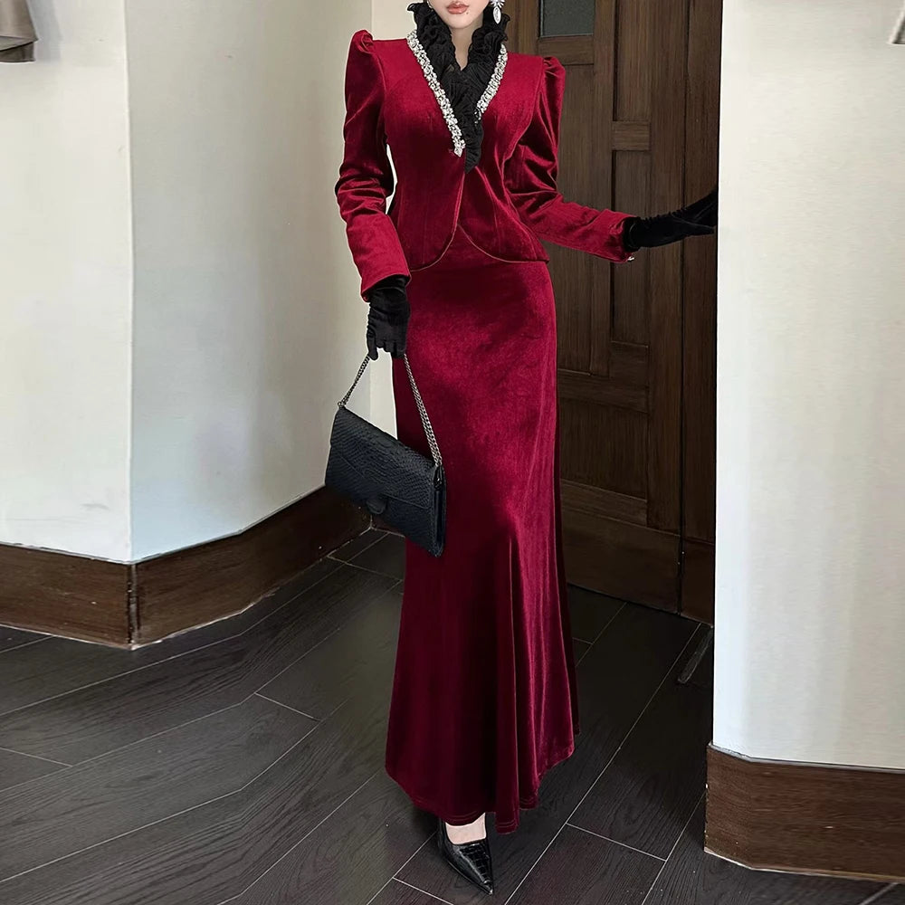 TWOTWINSTYLE Solid Spliced Diamonds Two Piece Set Female V Neck Long Sleeve Jacket Luxury Party Women's Skirt Set Autumn Fashion