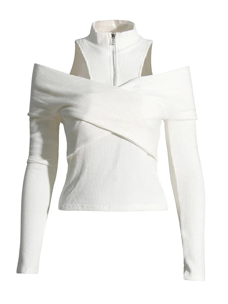 Zip-Neck Cold-Shoulder Top