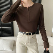 Button-Neck Relaxed Long-Sleeve Top